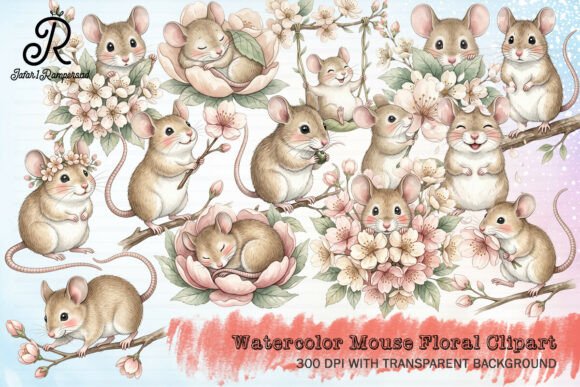 Download Watercolor Mouse Floral Clipart - Mouse Collection
